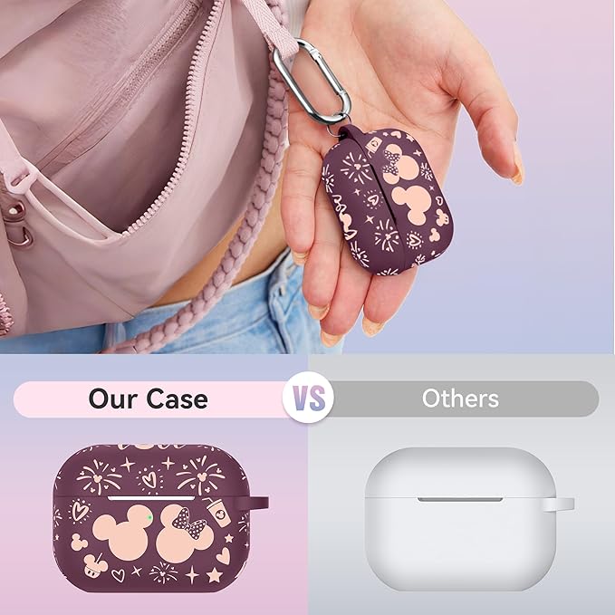 Compatible with Airpods Pro 2nd/1st Generation Case Cover with Keychain, Women Men Soft Silicone Two-Tone Cute Cartoon Engraved Convenience Protective Case, Front LED Visible Violet Smoke/Pink