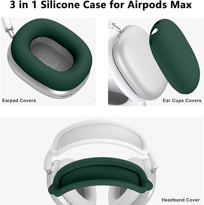 Silicone Case Cover for AirPods Max, Ear Pad Case Cover/Ear Cups Cover/Headband Cover for AirPods Max Headphones,Accessories Soft Silicone Protector for Apple AirPods Max New USB-C (2024) (Dark Green)