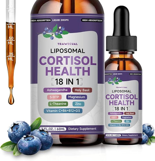 Liposomal Cortisol Liquid Drops, 18-in-1 Formula, Supports Stress, Mood, Sleep & Focus, with 300mg Ashwagandha, Magnesium & L-Theanine, Cortisol Reducer For Women/Men, Blueberry Flavor, 60ml