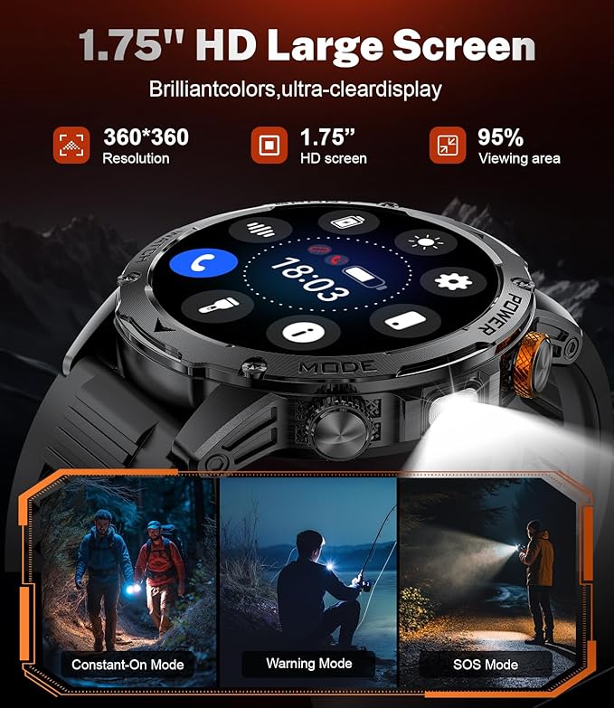 Military Smart Watches for Men-50 Days Battery/Flashlight/3 Straps,1.75'' IPS HD Display Fitness Watch,IP68 Waterproof Fitness Tracker with Heart Rate,Sleep Monitor,100+ Sports Modes,for iOS Android