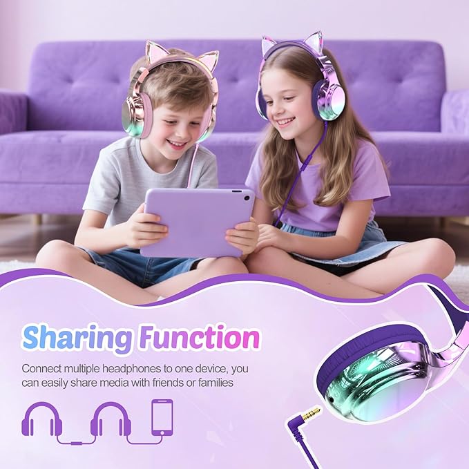 QearFun Kids Cat Ear Headphones with USB C for Girls with Microphone, 85/94dB Safe Volume Limiter, Tangle-Free Cord, Share Port, Foldable Sparkly Wired Headset for School, Travel, Tablet, iPad