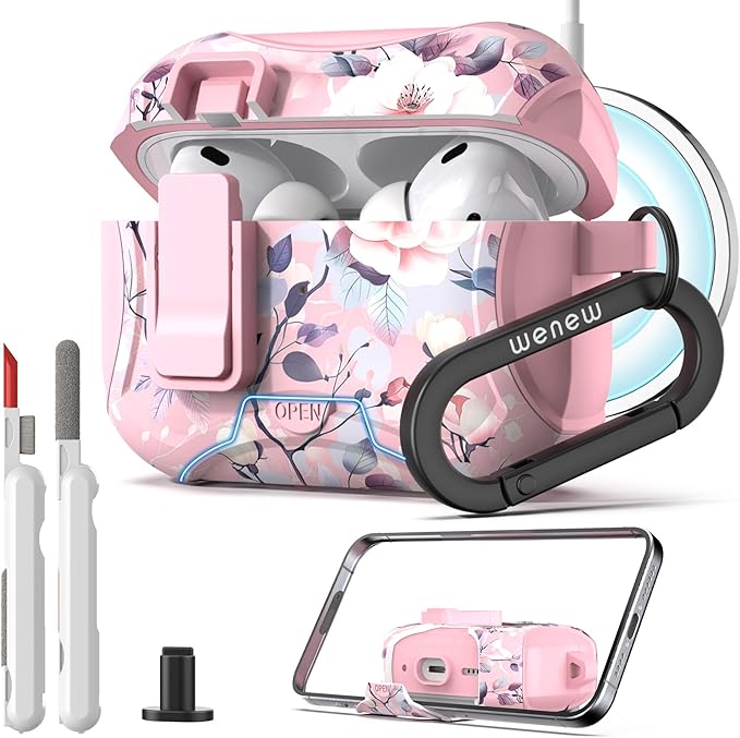 wenew Compatible with AirPods Pro 3 Generation (2025) Case Cover with Phone Stand, Cleaning Kit, Lanyard, Compatible with Magsafe, Magnetic Automatic Lock iPod Pro 3 Case (Pink 2, AirPods Pro 3)