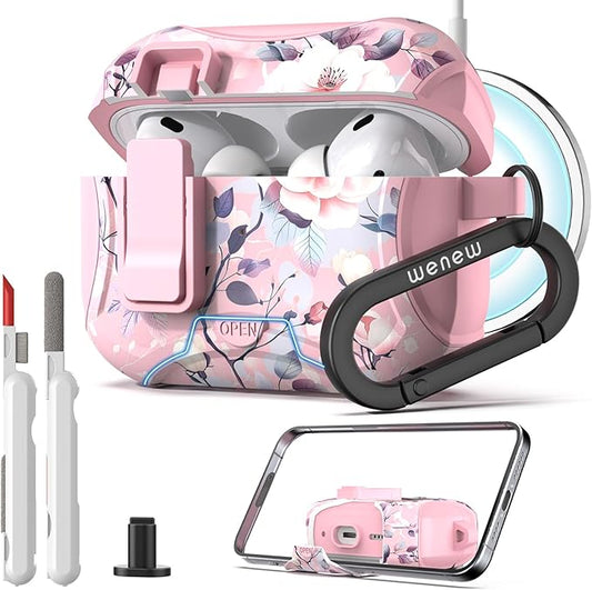 wenew Compatible with AirPods Pro 3 Generation (2025) Case Cover with Phone Stand, Cleaning Kit, Lanyard, Compatible with Magsafe, Magnetic Automatic Lock iPod Pro 3 Case (Pink 2, AirPods Pro 3)