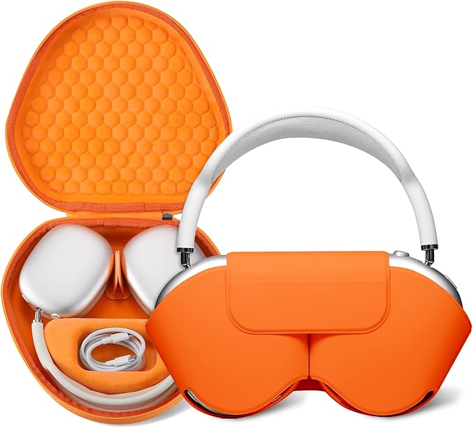 Maxjoy for AirPods Max Case [Shockproof & Dustproof] - Premium PU Leather & EVA Hybrid Hard Protective Cover, Travel Carrying Case with Storage for Apple AirPods Max Headphones (Orange)