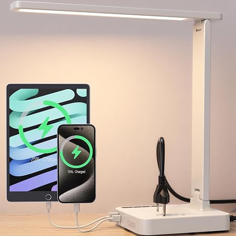 LED Desk Lamp with USB Charging Port for Dorm Office, 800lm, CRI 92, White