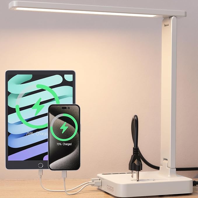 LED Desk Lamp with USB Charging Port for Dorm Office, 800lm, CRI 92, White