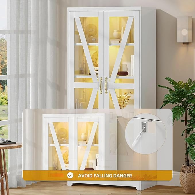 DWVO Display Cabinet with LED Lights, 61" Metal Display Case with Glass Barn Doors for Collectibles, Organizer Cabinet with 3 Adjustable Shelves and Drawer for Living Bedroom, Office, White