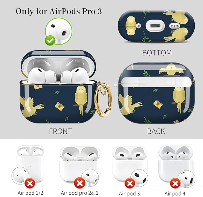 for AirPods Pro 3 Case, Compatible with AirPods Pro 3rd Generation Case (2025), Shockproof Protective Cover with Golden Carabine (Cute Owls and envelopes)