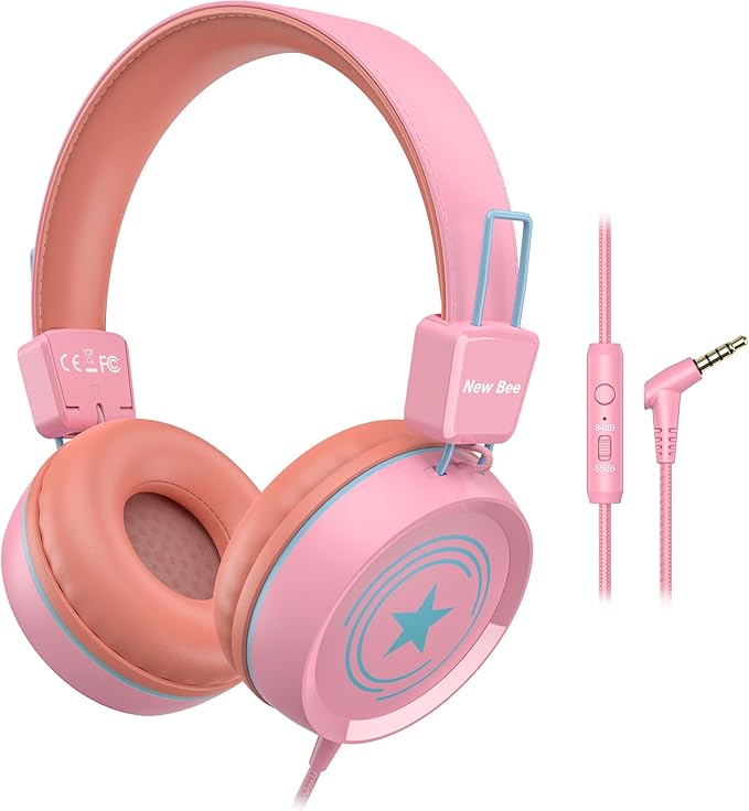 New Bee Kids Headphones for School with Microphone KH20 HD Stereo Safe Volume Limited 85dB/94dB Foldable Lightweight On-Ear Headphone for boy Mac/Android/Kindle/Tablet/Pad