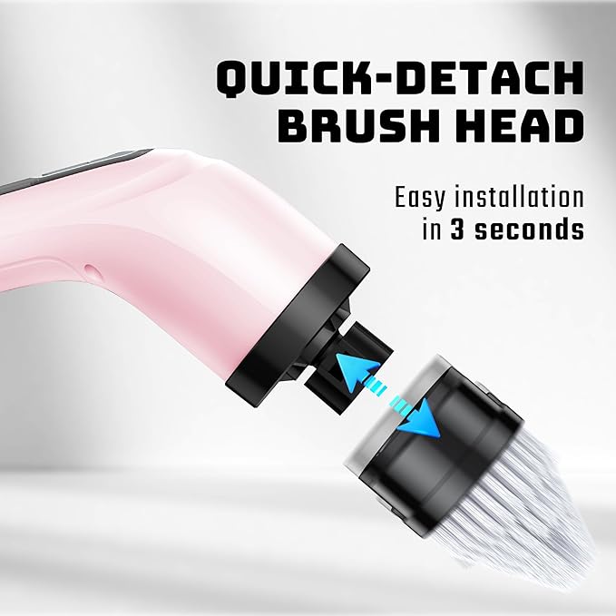Electric Spin Scrubber - Cordless Bathroom Scrubber with 7 Brush Heads - Dual Speed IPX7 Waterproof Power Scrubber for Heavy-Duty Bathtub, Glass, Tile, and Car Cleaning (Pink)