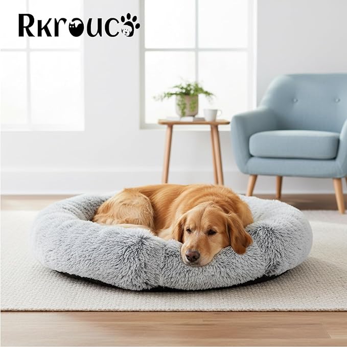Fluffy Dog Bed Calming Donut Beds for Large Dogs Warming Round Small Medium Pet Nest Cozy Cat Mattress Indoor Washable Puppy Kennel Kittens Sleep Mat (L, 35.4×35.4 inch, Light Gray)