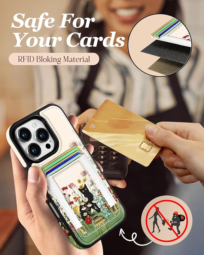 Shorogyt for iPhone 16 Pro Max Case Wallet - Fits 5 Cards, Compatible with Magsafe Detachable Magnetic Credit Card Holder Leather Cardholder Cute Phone Cover Women Girls for Apple 16 ProMax, Cat
