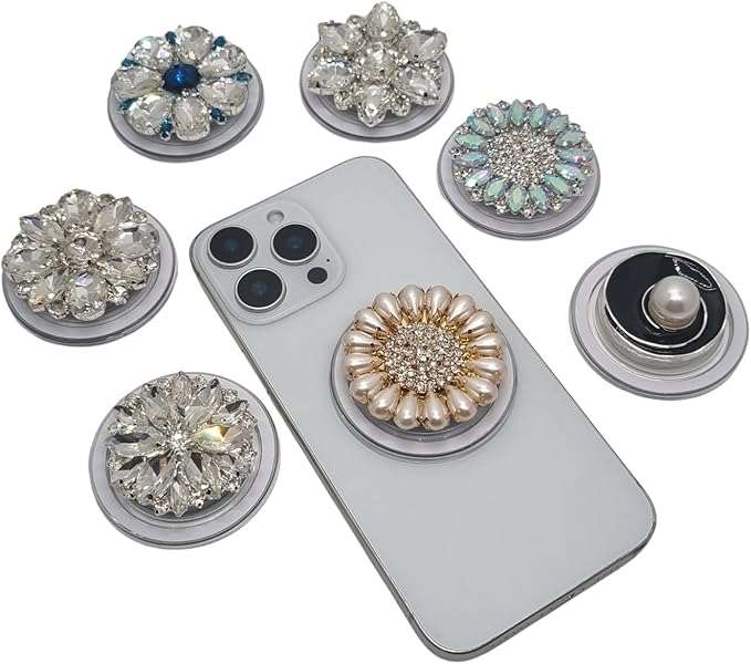 Magnetic Phone Grip Stand, Compatible with MagSafe, Adhesive Metal Ring Included for Non-MagSafe Cases, Expanding Holder and Kickstand, Pearl and Crystal Design (Midnight Sapphire Bloom)
