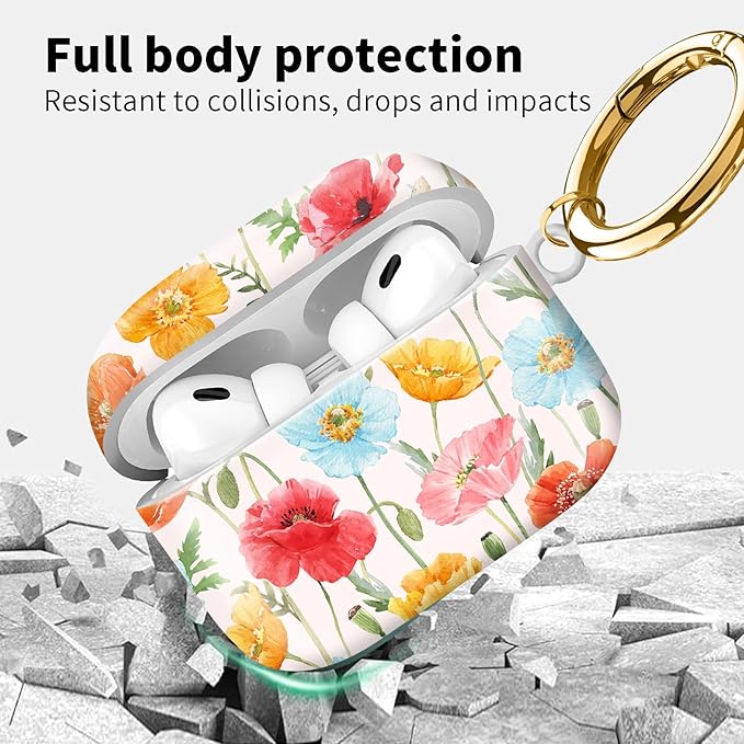 Compatible with Airpod pro 2nd/1st Generation Case Cover with Gold Round Keychain Cute Pattern Hard & Anti Slip Cover for Men Women & Girls（Blue Flowers）