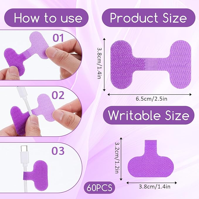 60 PCS Cable Labels Electronic Cable for Organizing Wires and Identification, Multi-Color Write On Cord Labels for Management and Identification (6 Colors)