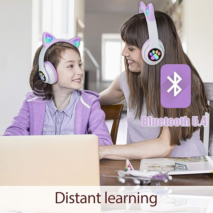 TCJJ Bluetooth 6.0 Cat Ear Kids Headphones for Girls, LED Light Up, 85dB Safe Volume Limit, Stereo Sound Toddler Foldable Wireless & 3.5mm Wired Headset with Mic for School, Tablet, Travel