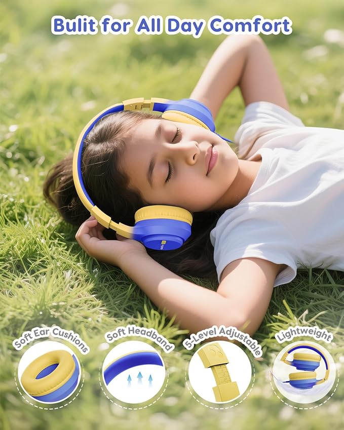 Kids Headphones, 74/85/94dB Volume Limiter, Foldable Wired Over Ear Headphones for Travel, 3.5mm Jack, Toddler Headphones for School, Chromebook, iPad, Tablet, Blue Yellow