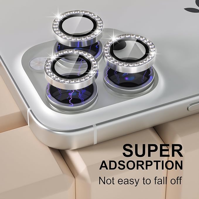 Misea Compatible for iPhone 16 Pro/iPhone 16 Pro Max Camera Lens Protector Bling, 9H Tempered Glass Camera Cover Screen Protector Metal Individual Ring Protector Decoration Accessories, Silver Diamond
