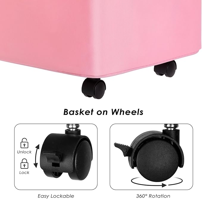 WELTRXE Laundry Hamper on Wheels 110L Large Clothes Basket with Lid and Extended Handles, Foldable Laundry Hamper for Bedroom, Bathroom, Dorm, Laundry Room, Pink Rolling Laundry Basket with Wash Bag