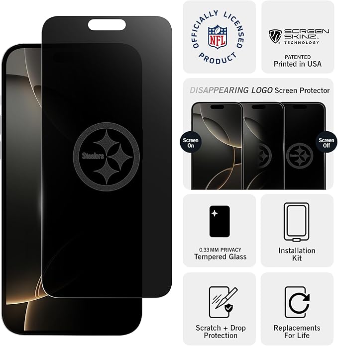NFL Pittsburgh Steelers Privacy Screen for iPhone 14 Pro Max - with Disappearing Logo - Scratch-Resistant and Easy-to-Install Screen Protectors (Includes Installation Tray)