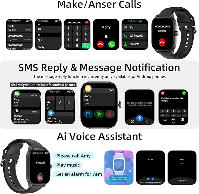 Smart Watch with Built-in GPS, 1.96" HD Display, Answer/Make Calls, 100+ Sport Modes, Heart Rate/Sleep/SpO2 Monitor, Fitness Activity Tracker for Android and iPhone, for women men (Black, 1.96")