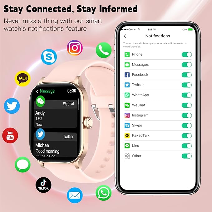 Smart Watch for Women Men(Answer/Make Call), Smartwatches with Heart Rate/SpO2/Sleep/Stress Monitor, IP68 Waterproof Activity Tracker for Android iPhone, 100+ Sports Fitness Watches (Pink, 1.85")