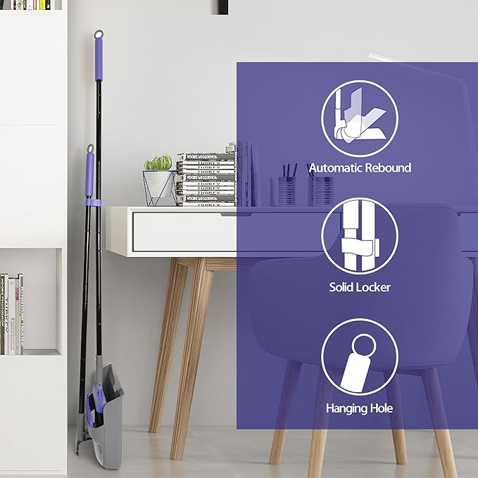 Collapsible Broom with Dustpan Combo, 54 Inch Long Handle Soft Bristle 180 Degree Swivel Brush Indoor Outdoor Kitchen Lobby Dorm Room Classroom, Small Vertical Dustpan with Combing Teeth