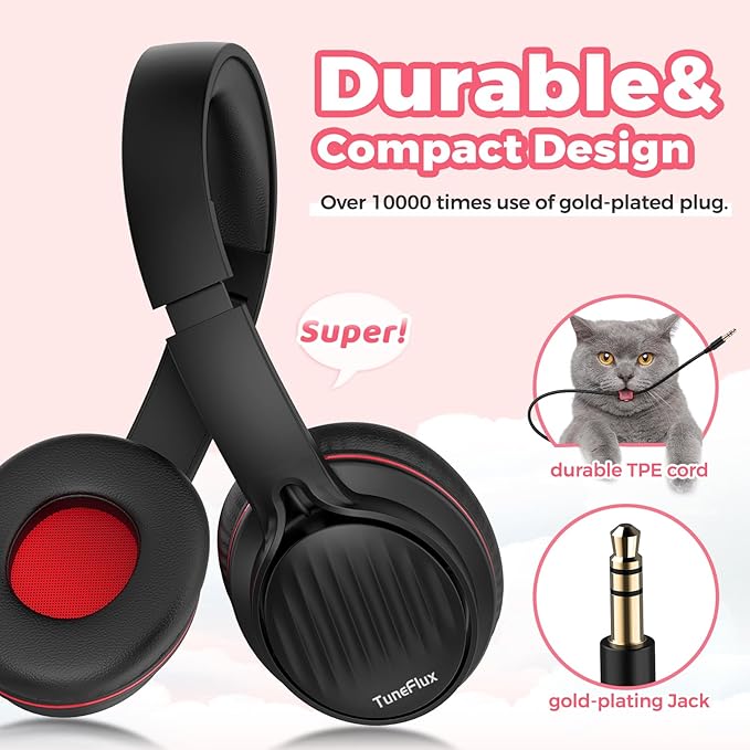 TuneFlux Upgraded Kids Headphones, Wired Toddler Headsets, 85dB Limited Volume On Ear Headphones, Portable Foldable Design, Stereo Sound Kids Headsets for School/Tablet/Travel-Black Red