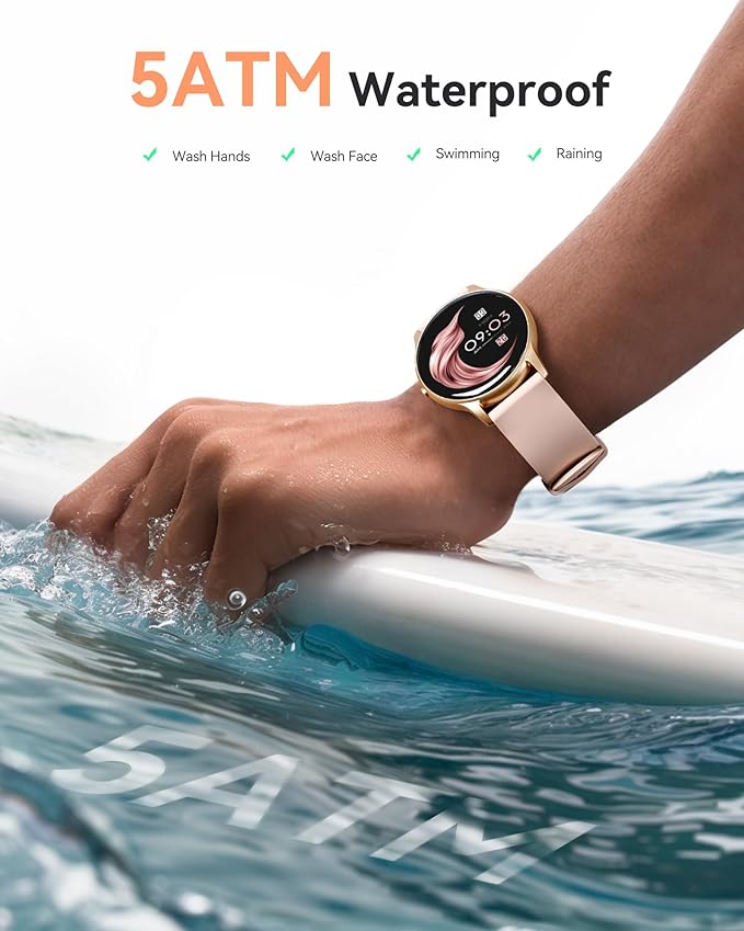 AGPTEK Smart Watch for Women Men, 5ATM Waterproof Fitness Tracker Watch, Full Touch Sports Smartwatch with Heart Rate Monitor Message Notification for Android iOS Phones (Rose Gold)