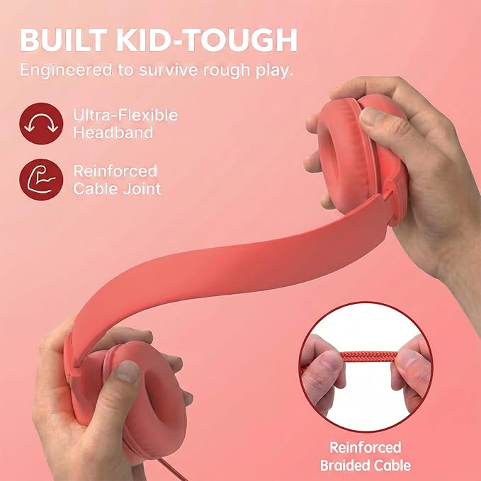 Wired Kids Headphones with USB C Plug, 85dB Safe Volume, Adjustable Headband, Tangle-Free Cord Headphones for School, Tablet, Travel (Coral Red & Soft Peach, Without Microphone)