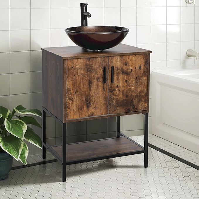 eclife 24" Bathroom Vanity Sink Combo Cabinet Modern Stand Pedestal Bronze Round Tempered Glass Vessel Sink & 1.5 GPM Water Save Faucet & Solid Brass Pop Up Drain (A09 B16BR)