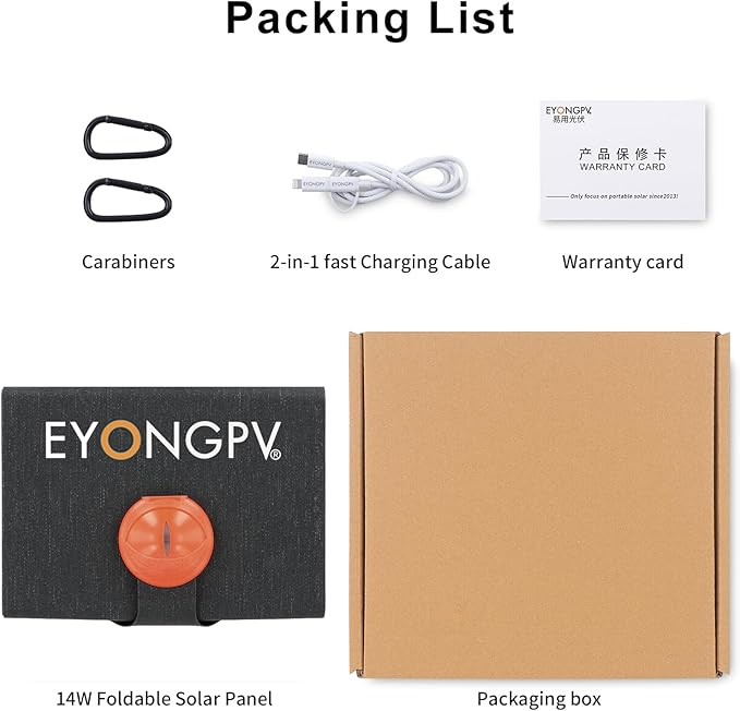 EYONGPV 14W Portable Foldable Solar Panel & Solar Charger with Croc-Eye USB-C Output, IP67 Waterproof Compact Solar Charger for Phones, Power Banks, Camping, Hiking, Backpacking