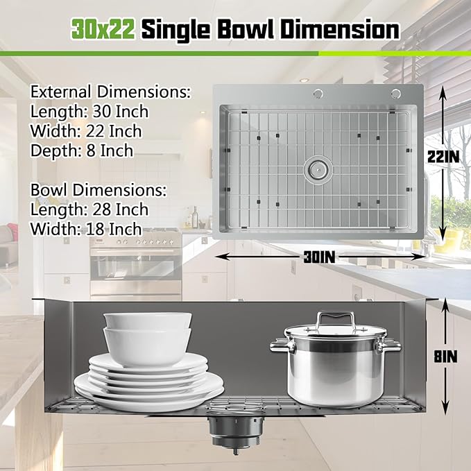 30x22 Inch Stainless Steel Kitchen Sink - Drop In Single Bowl Topmount Modern Large Kitchen Sink With SS Grid, Colander,Drain Strainer Set Compatibility With Various Kitchen&Bar Style