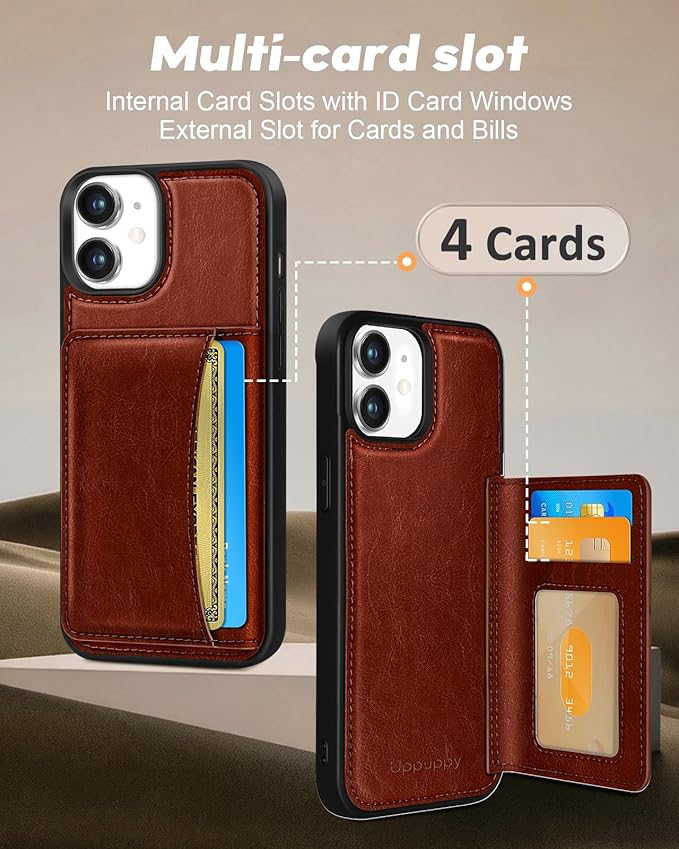for iPhone 11 Case with Wallet - Fits 4 Card Slots, Compatible with MagSafe for Women Men Durable PU Leather Credit Card Holder Kickstand Phone Cover for Apple 11, Brown