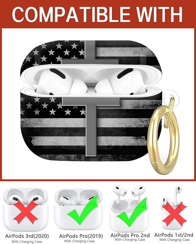 Compatible with Airpod Pro 2nd/1st Generation,360° Full Protection Cover for Girl Women,Hard Case Portable & Shockproof for Airpod Pro 2nd Charging Case 2023/2022/2019(Black White American Flag Cross)