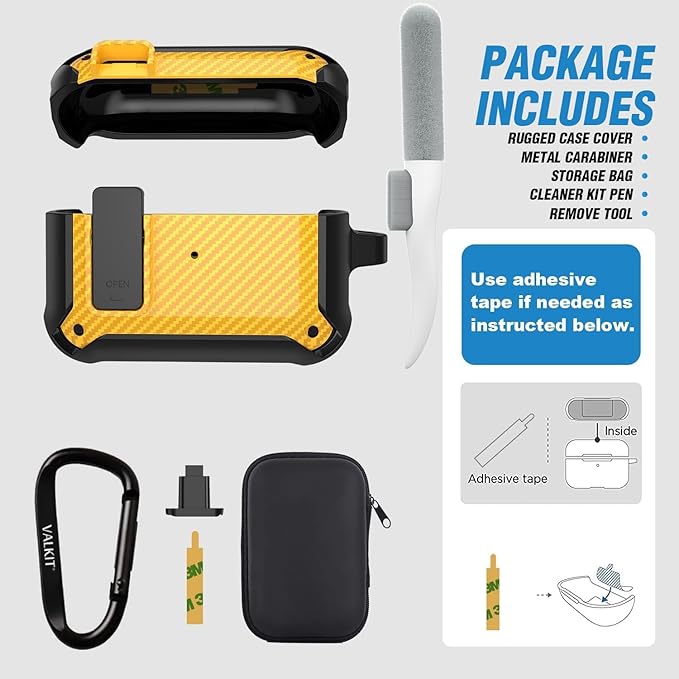 Valkit Compatible Airpods Pro Case with Lock Clip, Carbon Fiber Texture Air Pod Pro Case Cover with Keychain for Men Women Cool AirPod Pro Shockproof Protective Case for AirPods Pro 2019, Black/Yellow