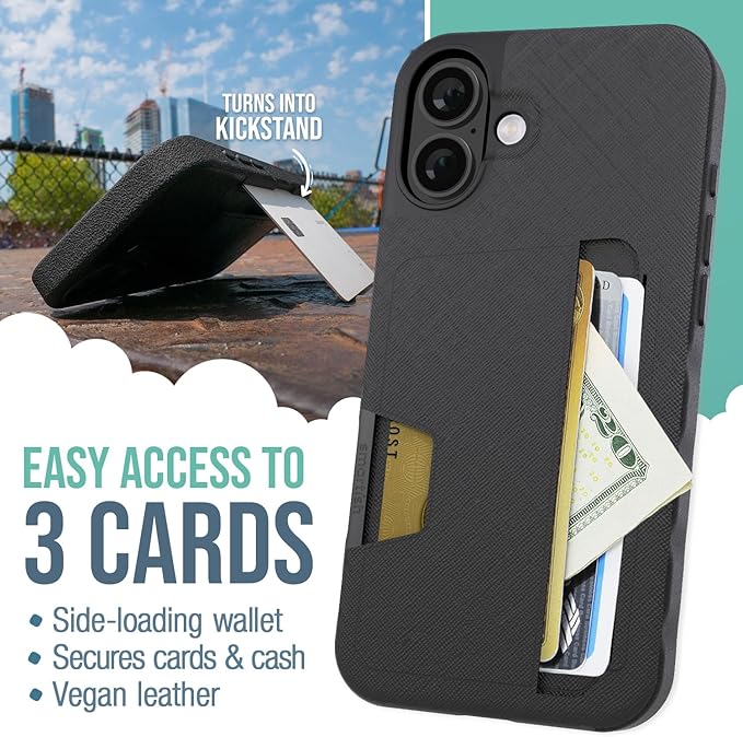 Smartish® iPhone 16 Plus Wallet Case - Wallet Slayer Vol 2 [Slim + Protective] Credit Card Holder w/Kickstand - Drop Tested Hidden Card Slot Cover Compatible w/Apple iPhone 16 Plus - Black Tie Affair