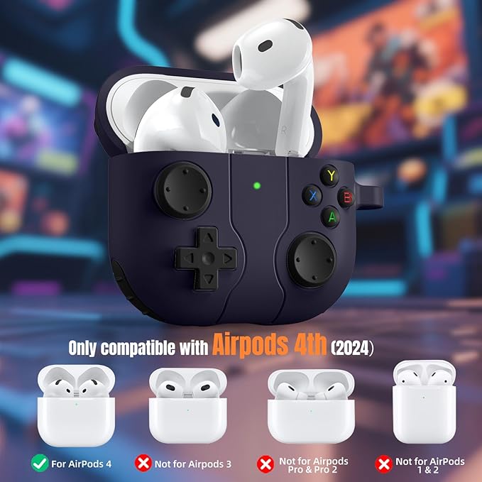 Getino Game Case for AirPods 4 2024 Cover with Cleaner Kit, Keychain, Compatible with Apple Airpods 4 Case Covers, Cute Funny Shock-Proof Protective Silicone AirPod 4 Cases for Men Boy-Dark Purple