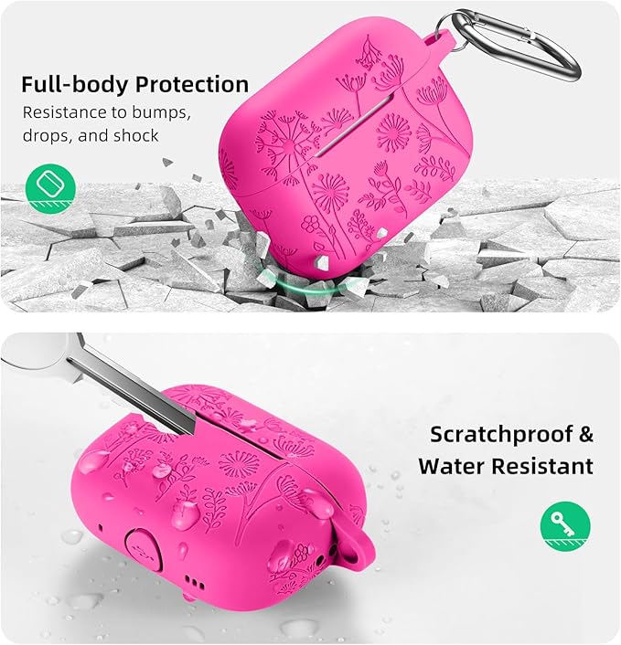 Lerobo Flower Engraved Cover for Airpods Pro 2 Case, Cute Soft Silicone Skin Full Protective Cover Compatible with Apple Airpods Pro 2nd Generation/1st Generation Case with Keychain