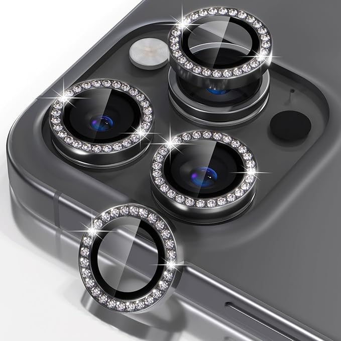 Misea Compatible for iPhone 16 Pro/iPhone 16 Pro Max Camera Lens Protector Bling, 9H Tempered Glass Camera Cover Screen Protector Metal Individual Ring Protector Decoration Accessories, Black Diamond