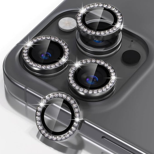 Misea Compatible for iPhone 16 Pro/iPhone 16 Pro Max Camera Lens Protector Bling, 9H Tempered Glass Camera Cover Screen Protector Metal Individual Ring Protector Decoration Accessories, Black Diamond