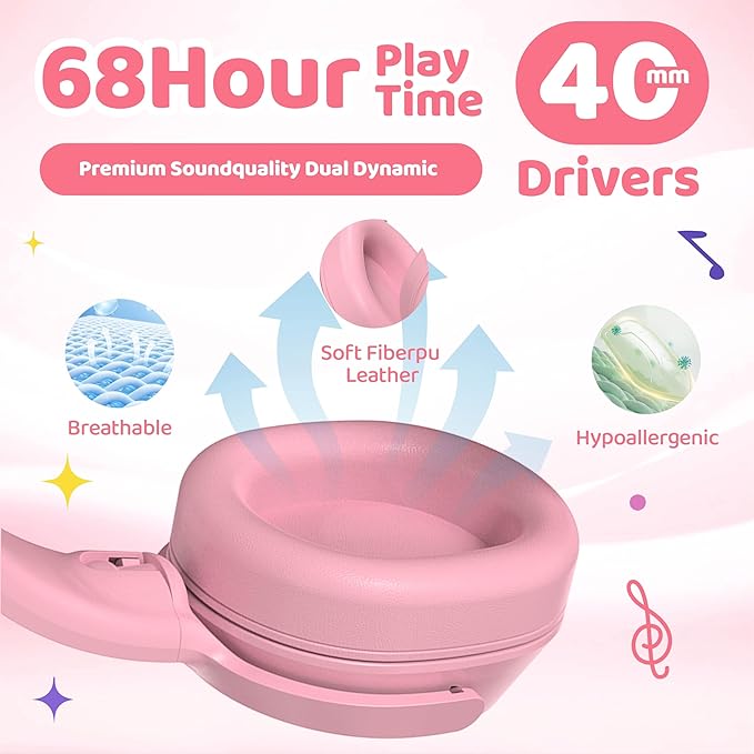 MIDOLA Headphones for Kids Bluetooth 5.4 Wireless 68H Play Time Volume Limit 85/94dB Over-Ear Foldable Headset,with Mic Wired Aux for Toddler Child Boy Girl School Pad Tablet Pink