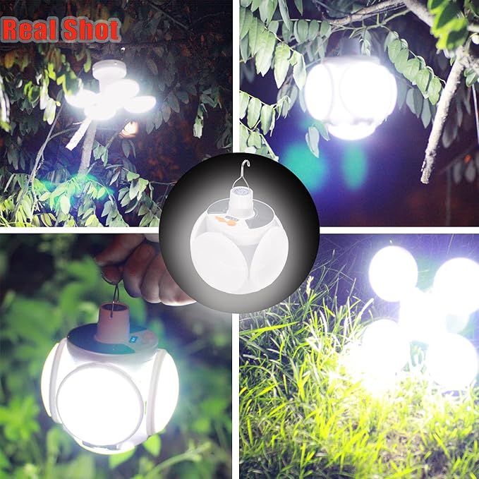 [4000mah] Folding Solar Camping Lights Rechargeable Lantern Waterproof Hanging Tent Hook Lamp Remote Control Blub LED USB Foldable Portable for Home Indoor Outdoor Emergency Power Outage 2 Pack