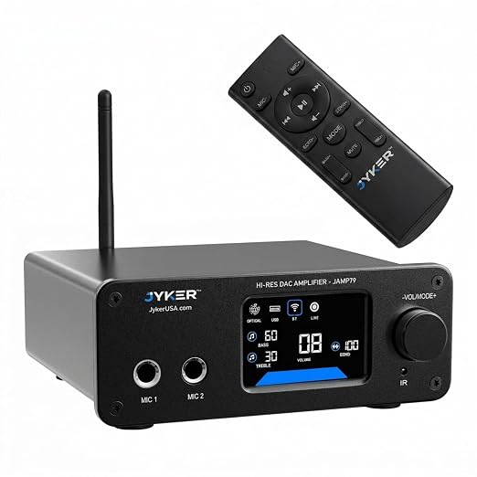 Jyker Hi-Fi DAC Stereo Amplifier w/Bluetooth 5.2-2 Channel Class D TPA3116 x2 ES9023 Audio Amp for Passive Speakers, AUX/SUB Outputs, Opt/USB/MIC/RCA Inputs, Bass Treble Echo, Colored LCD (400, Watts)