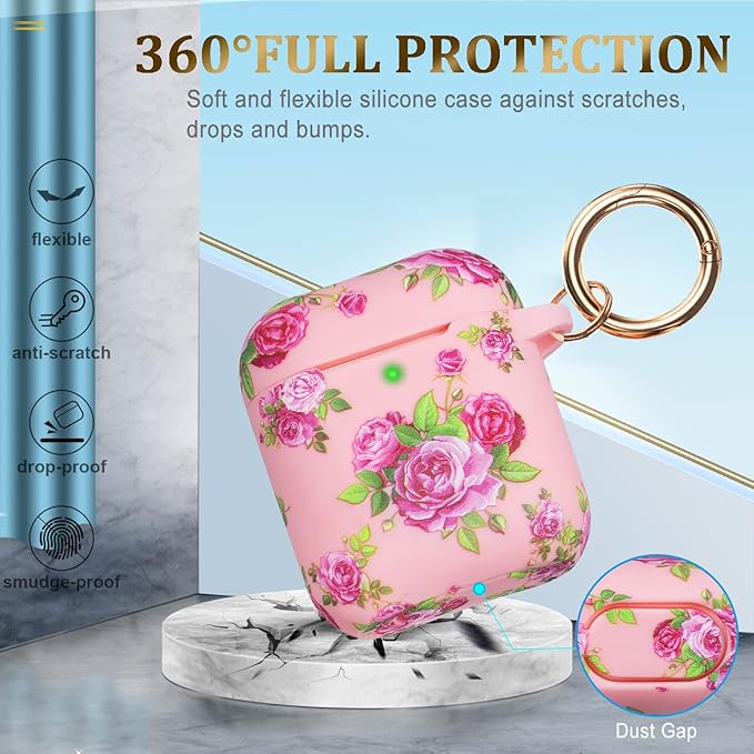 Flower Silicone Compatible with Airpods Case, Gawnock Soft Case Cover Flexible for Compatible with Airpods 2nd/1st Generation Floral Print Cover for Women Girls with Keychain - Pink Flower