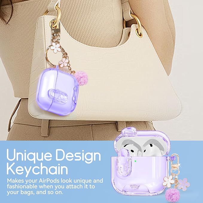Clear Case for AirPods 4 Case Cover with Safety Lock,Soft TPU Cover with Phone Stand & Cleaning Kit,Cute Bling Keychain for Women Girls-Clear Purple