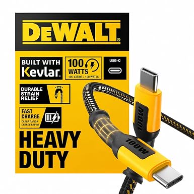 DEWALT Heavy Duty 100W USB C Cable, Jobsite 100 Watt USB C Cable, 6 ft