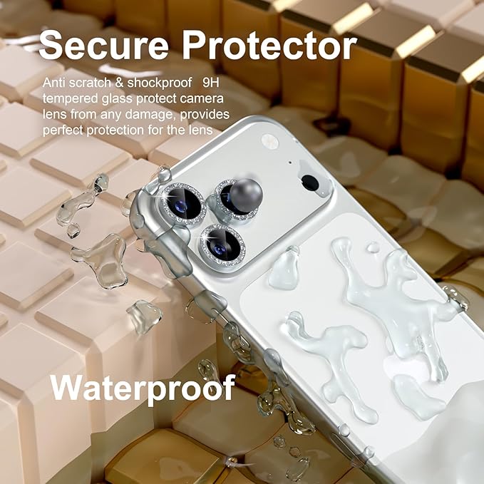 Misea Compatible for iPhone 17 Pro/iPhone 17 Pro Max Camera Lens Protector Bling, 9H Tempered Glass Camera Cover Screen Protector Metal Individual Ring Decoration Accessories, Silver Glitter
