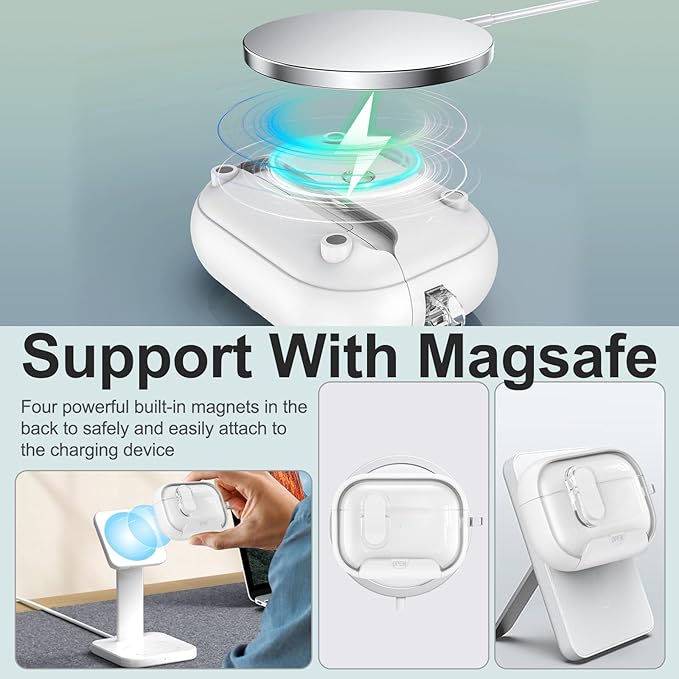 for Airpods Pro 3 Case Clear,Secure Lock for Airpods pro 3rd Generation Case Cover with Phone Stand and Magsafe Function,Auto Pop-up,Hybrid Protection Design with Carabiner&Cleaning Pen-White