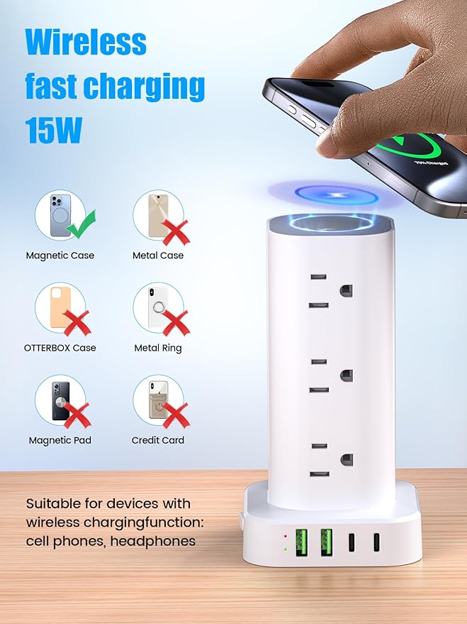Tower Power Strip with 15W Wireless Charger - 12 Outlets 4 USB Ports White
